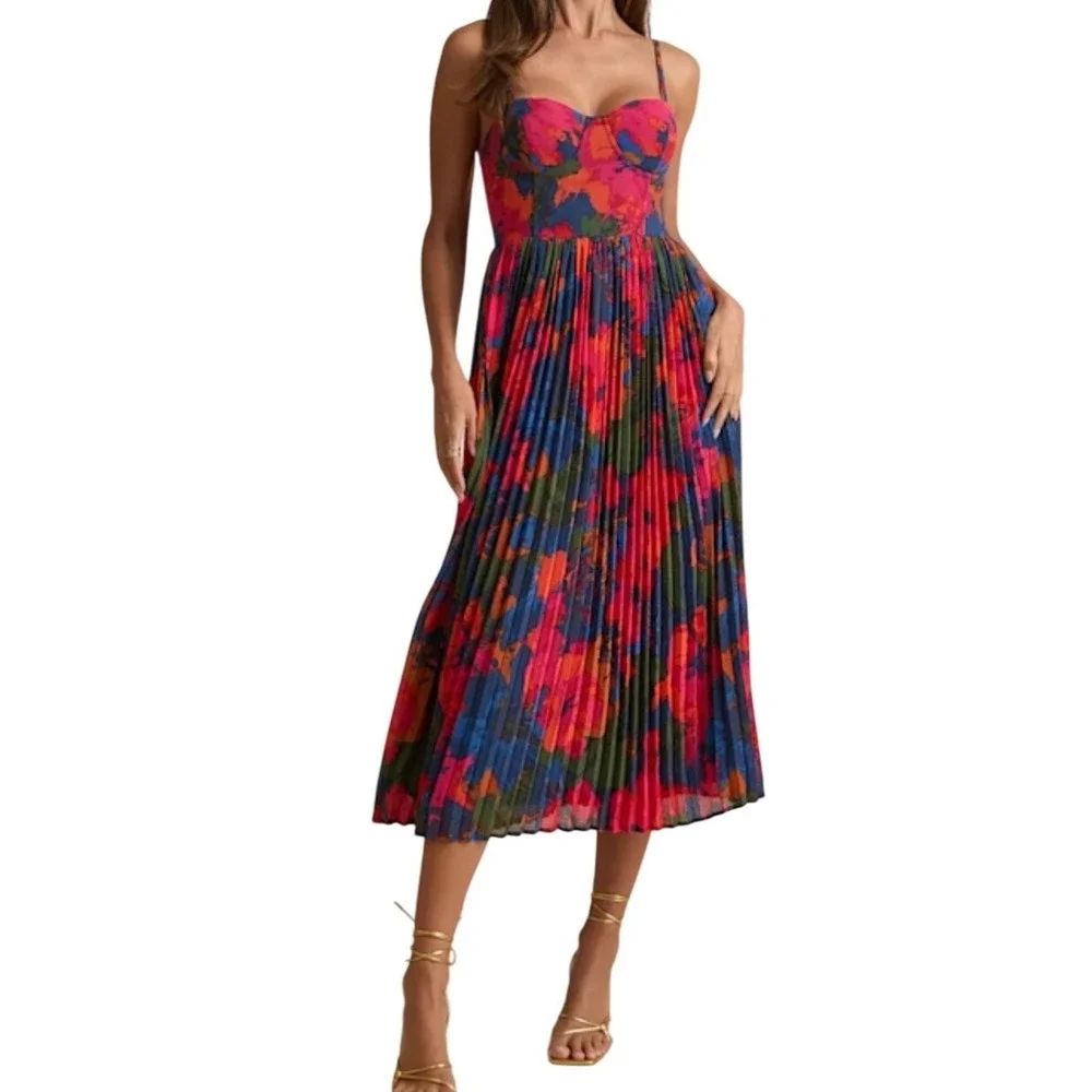 NWT Lulus Dorothy Dark Blue Pink Multi Floral Print Pleated Midi Dress S Bustier